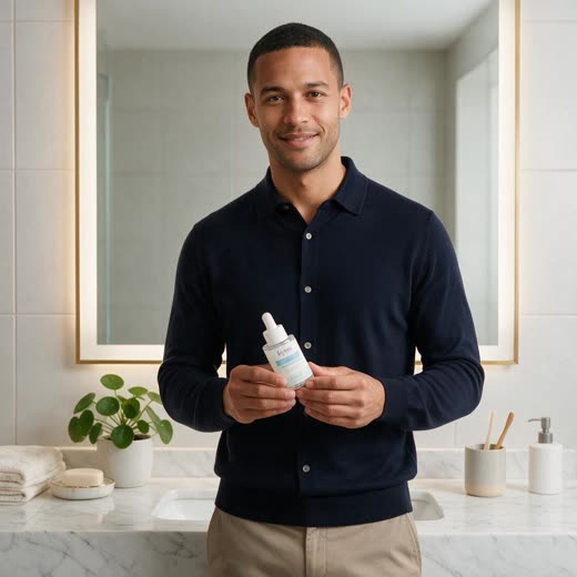 Input: a man holding a face serum in front of a bathroom mirror